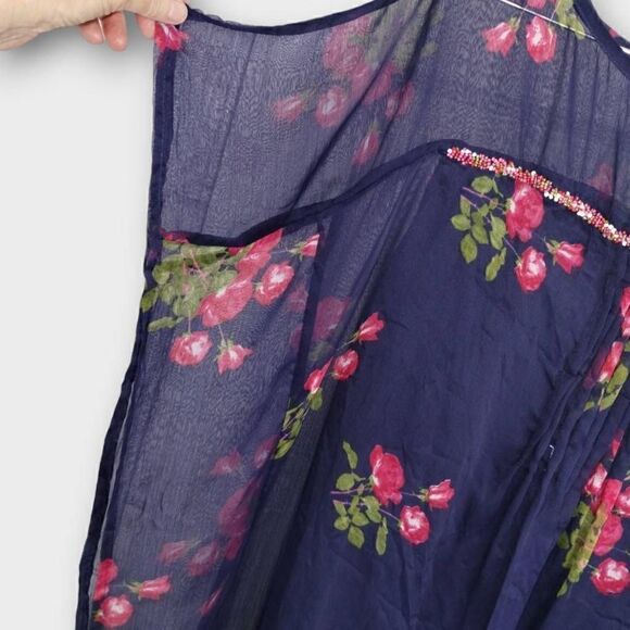 Antica Satori Dress Sz Medium Red Navy Chiffon Short Sleeve Sheer Mini Cocktail - Picture 6 of 13